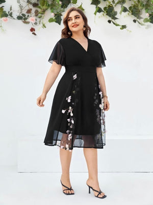 Premium Embroidery Floral Surplice V-neck Plus Size Elegant Dress