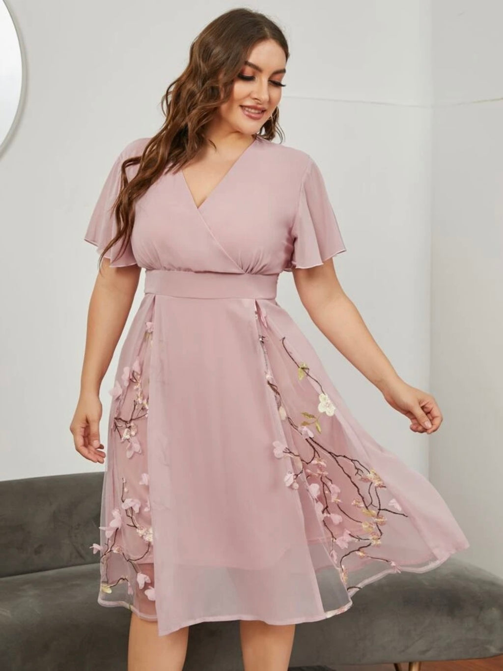 Premium Embroidery Floral Surplice V-neck Plus Size Elegant Dress