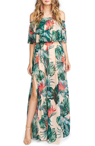 Off Shoulder Split 2-layer Plant Floral Dress