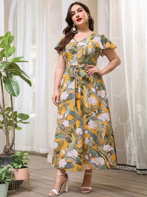 Tropical Plant Self Belt V-neck Plus Size Dress