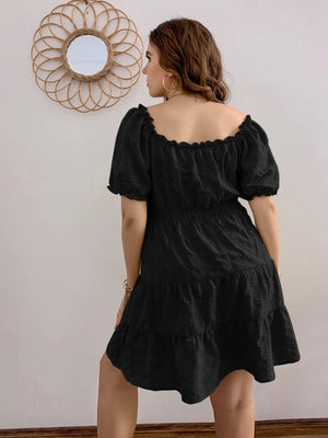 Ruffled V-neck Shirred Waist Flounce Plus Size Babydoll Dress