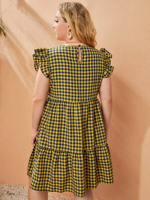 Chequer Pattern Ruffle Sleeve Flounce Babydoll Plus Size Dress