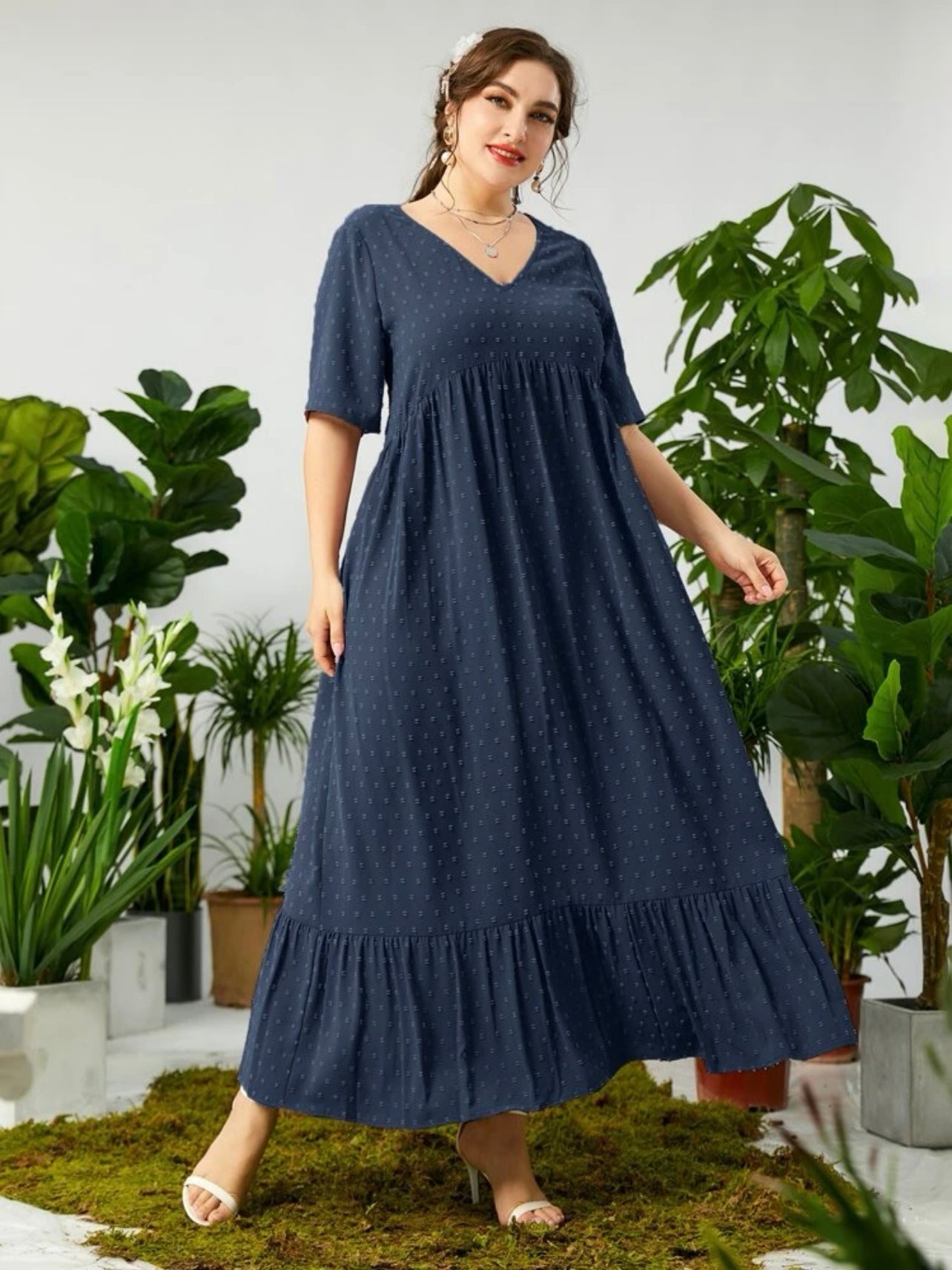Premium Quality Embroidery Pattern Ruffle Hem Plus Size Dress