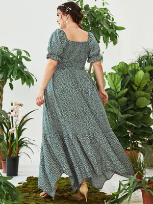 Shirred Upper Elastic Sleeve Unbalance Hem Plus Size Smock Dress