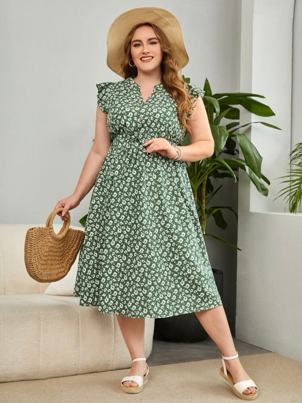 Drawstring Ditsy Floral Button Detail Plus Size Dress