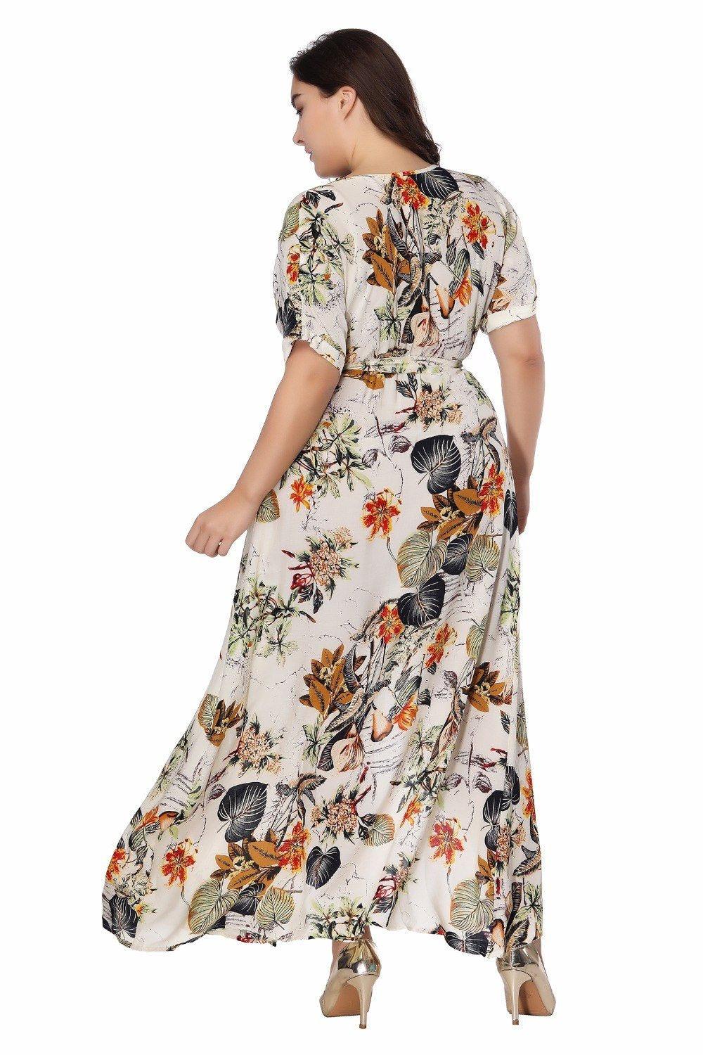 Belted Floral Surplice Overlapped Plus Size Dress
