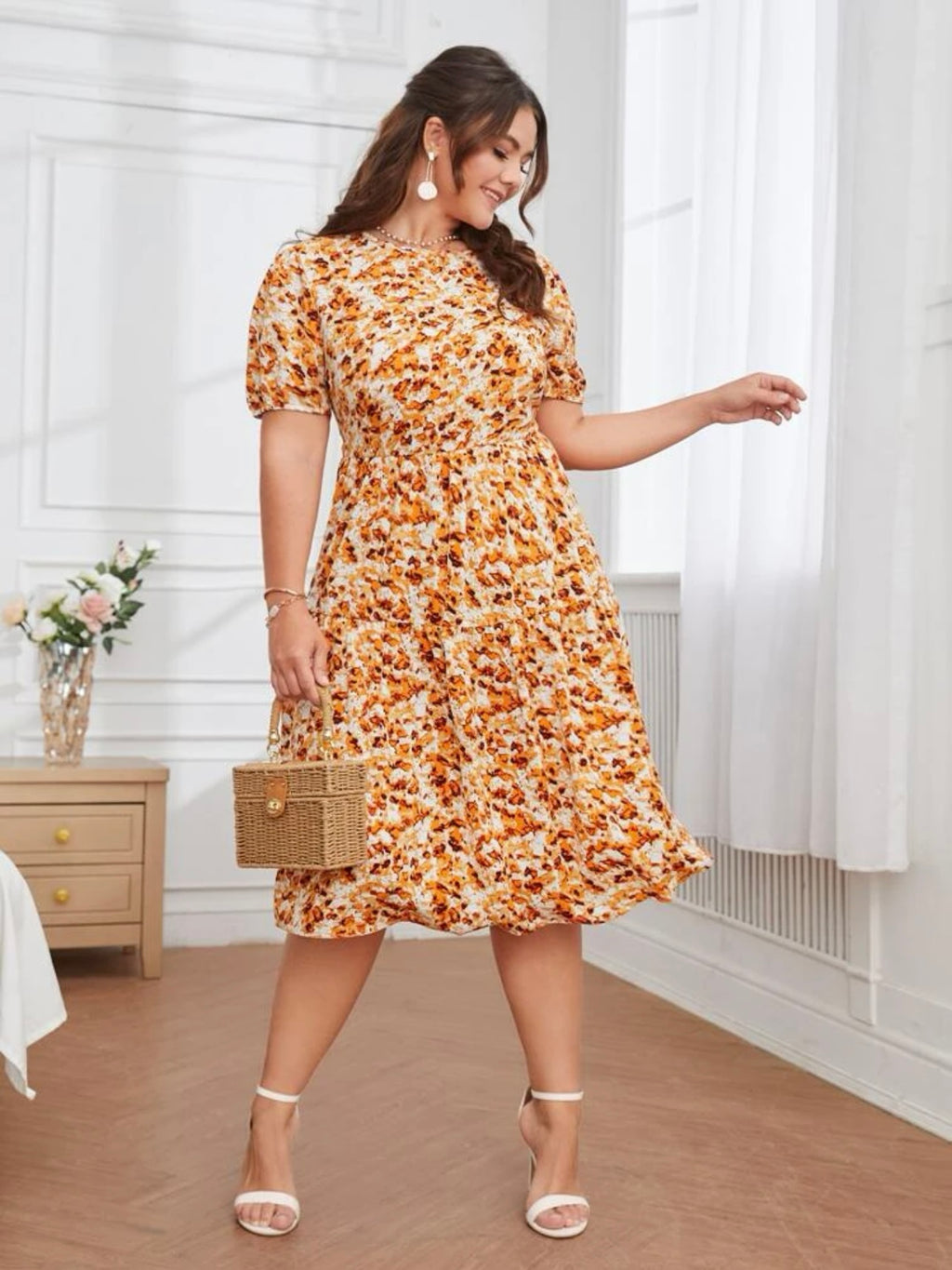 Elastic Sleeve Splash Pattern Plus Size Dress