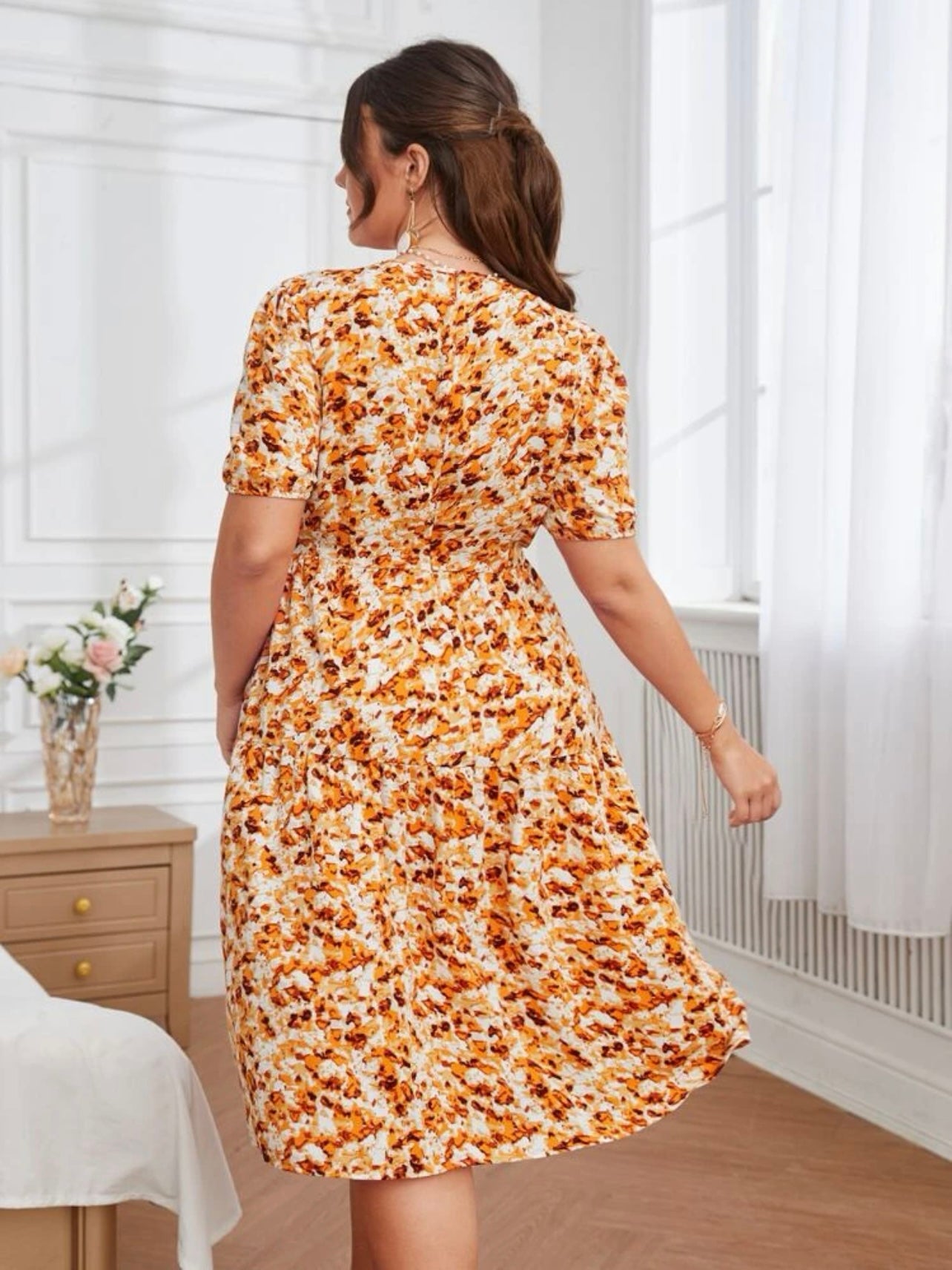 Elastic Sleeve Splash Pattern Plus Size Dress