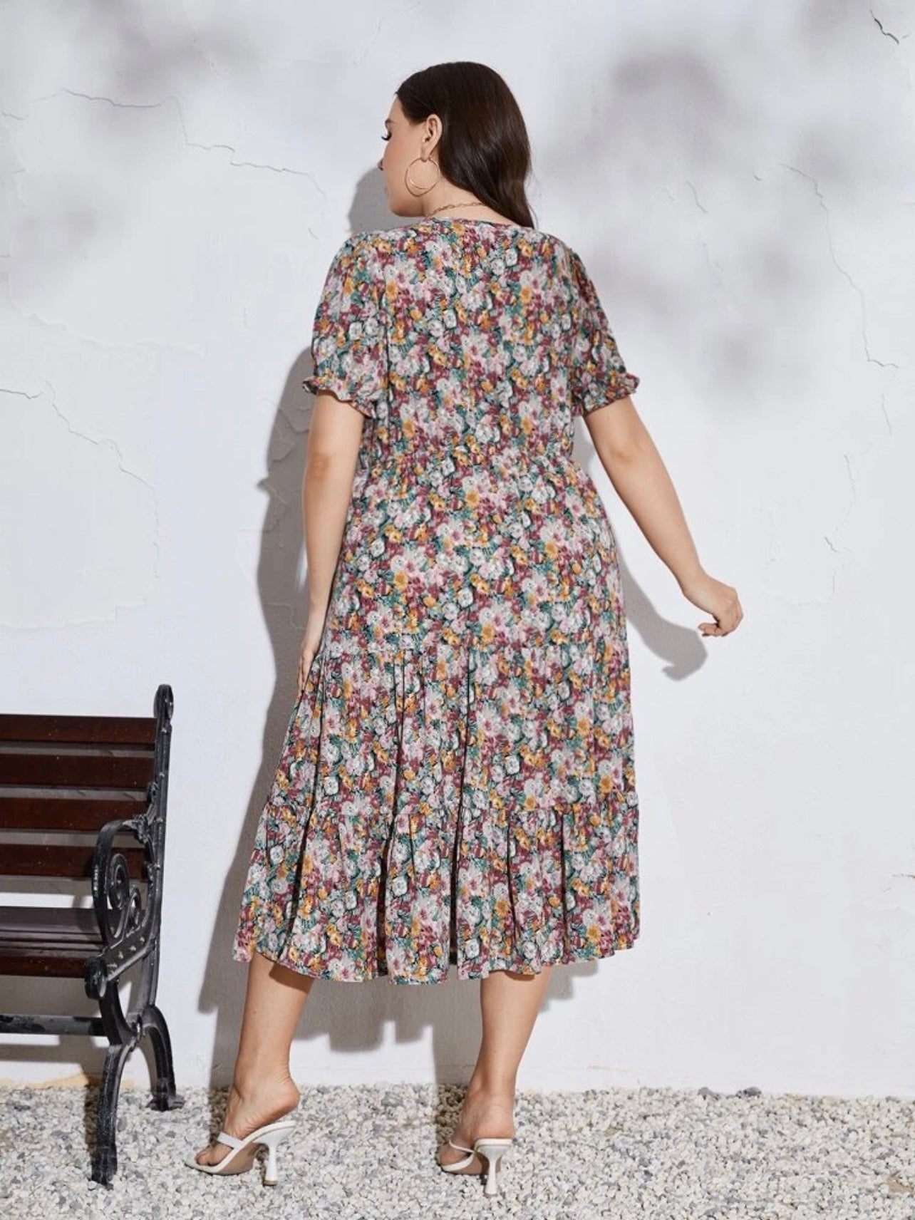 Floral Elastic Sleeve Garter Waist Flounce Plus Size Dress