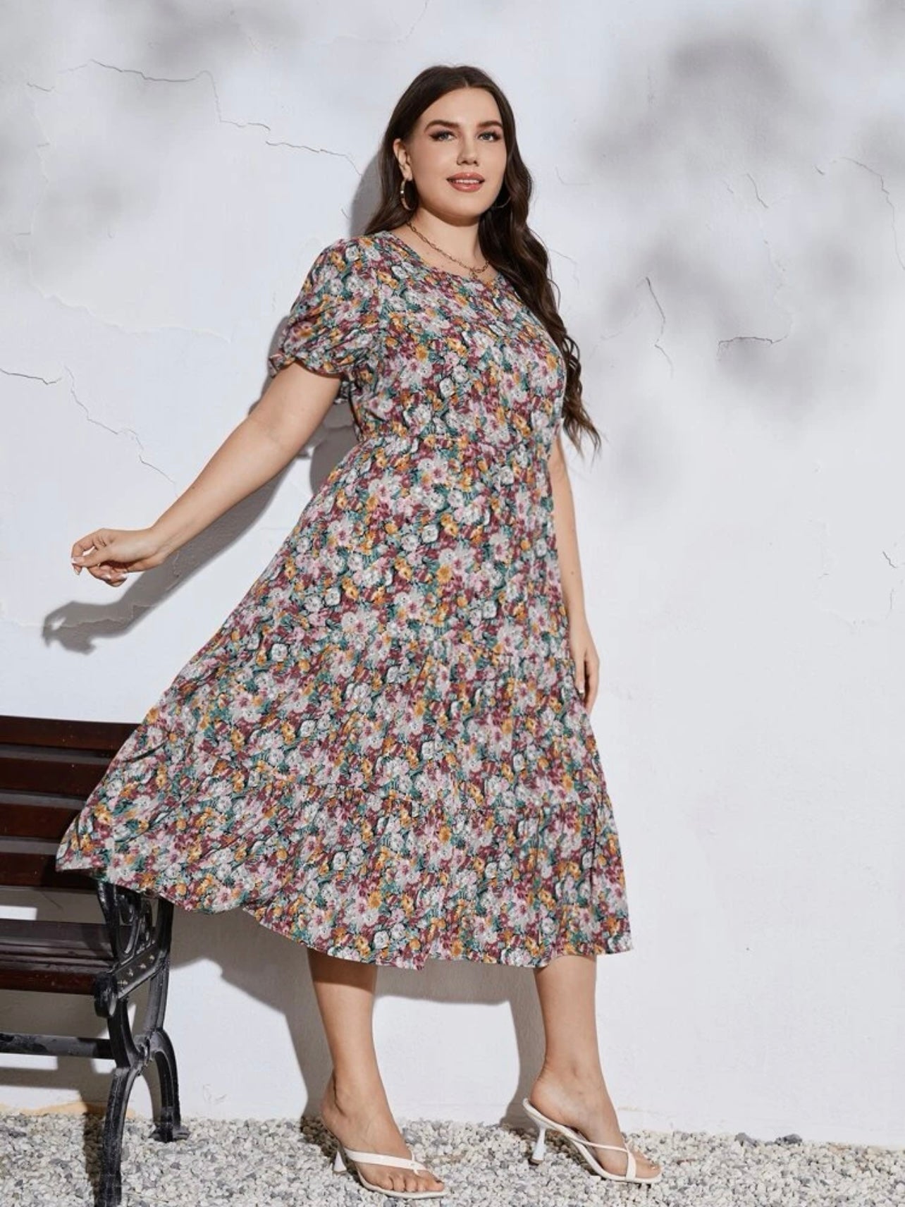 Floral Elastic Sleeve Garter Waist Flounce Plus Size Dress
