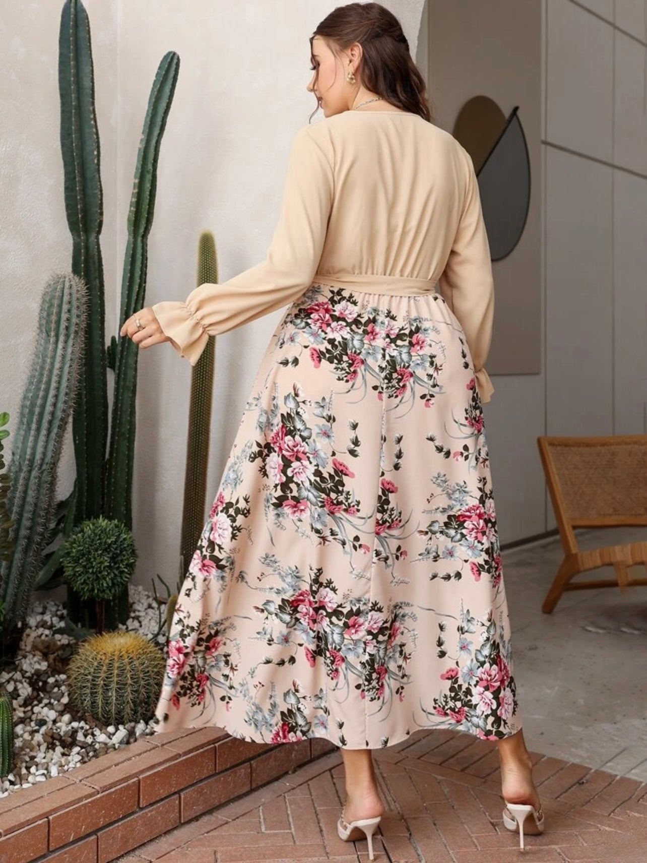 Long Sleeve Self Belt Floral Combo Plus Size Dress