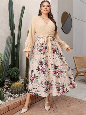 Long Sleeve Self Belt Floral Combo Plus Size Dress