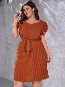 Pleated Hem Ruffle Sleeve Self Belt Plus Size Dress