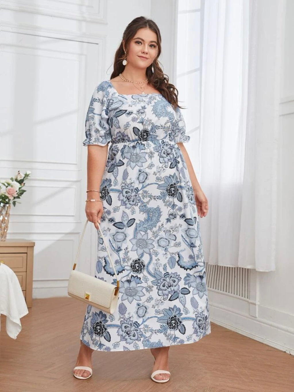 Floral Square Neck Elastic Sleeve Garter Waist Plus Size Dress