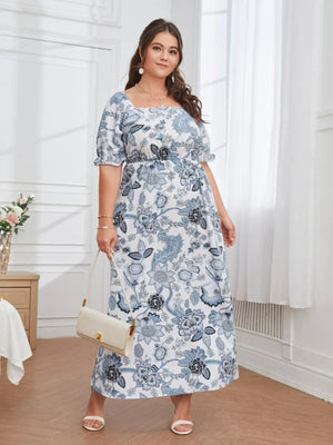 Floral Square Neck Elastic Sleeve Garter Waist Plus Size Dress