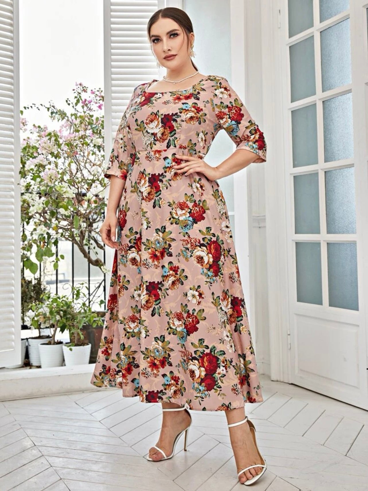 Square Neck 2/3 Sleeve Floral Plus Size Dress