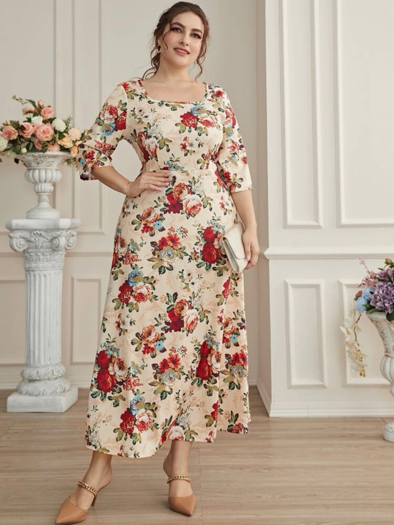 Square Neck 2/3 Sleeve Floral Plus Size Dress