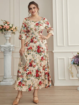 Square Neck 2/3 Sleeve Floral Plus Size Dress