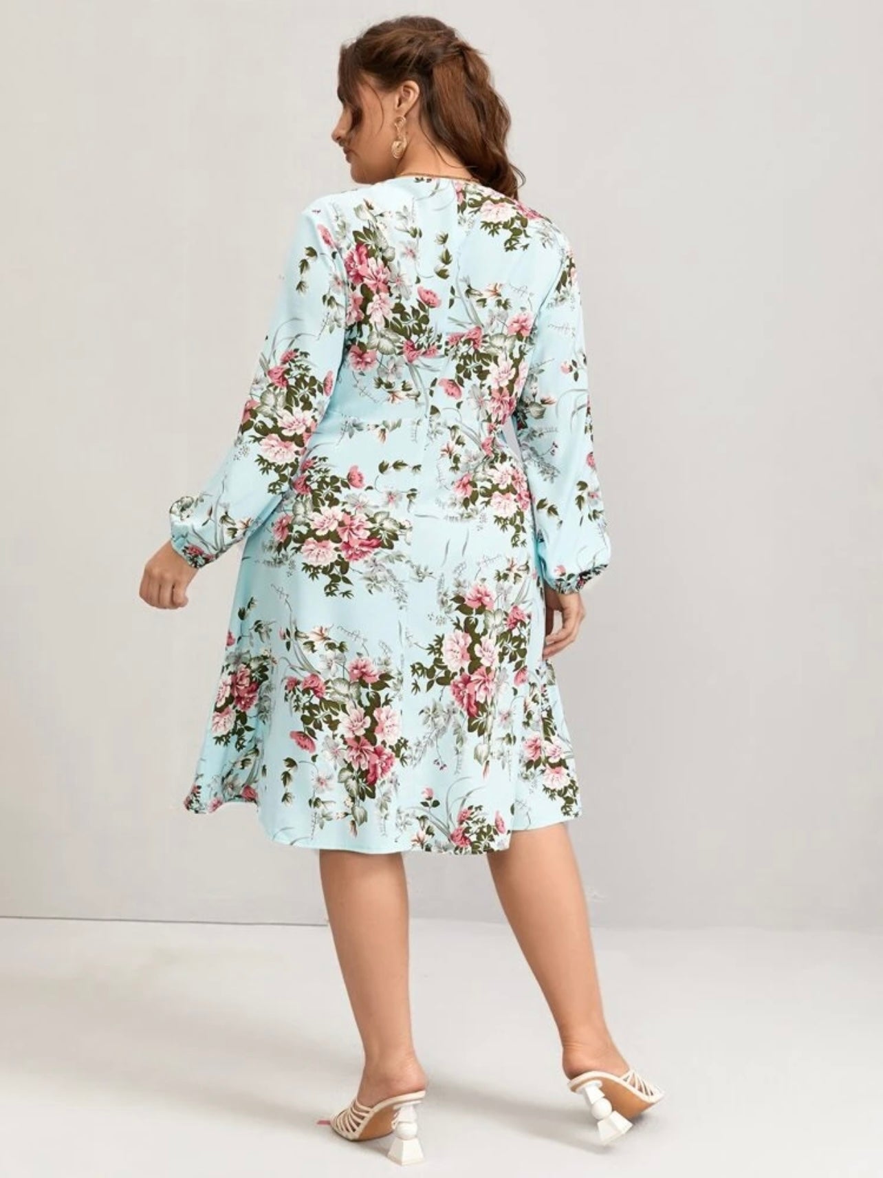 Floral Long Sleeve Surplice V-neck Self Belt Plus Size Dress