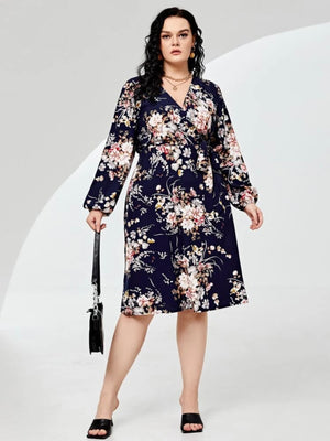 Floral Long Sleeve Surplice V-neck Self Belt Plus Size Dress