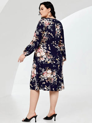 Floral Long Sleeve Surplice V-neck Self Belt Plus Size Dress
