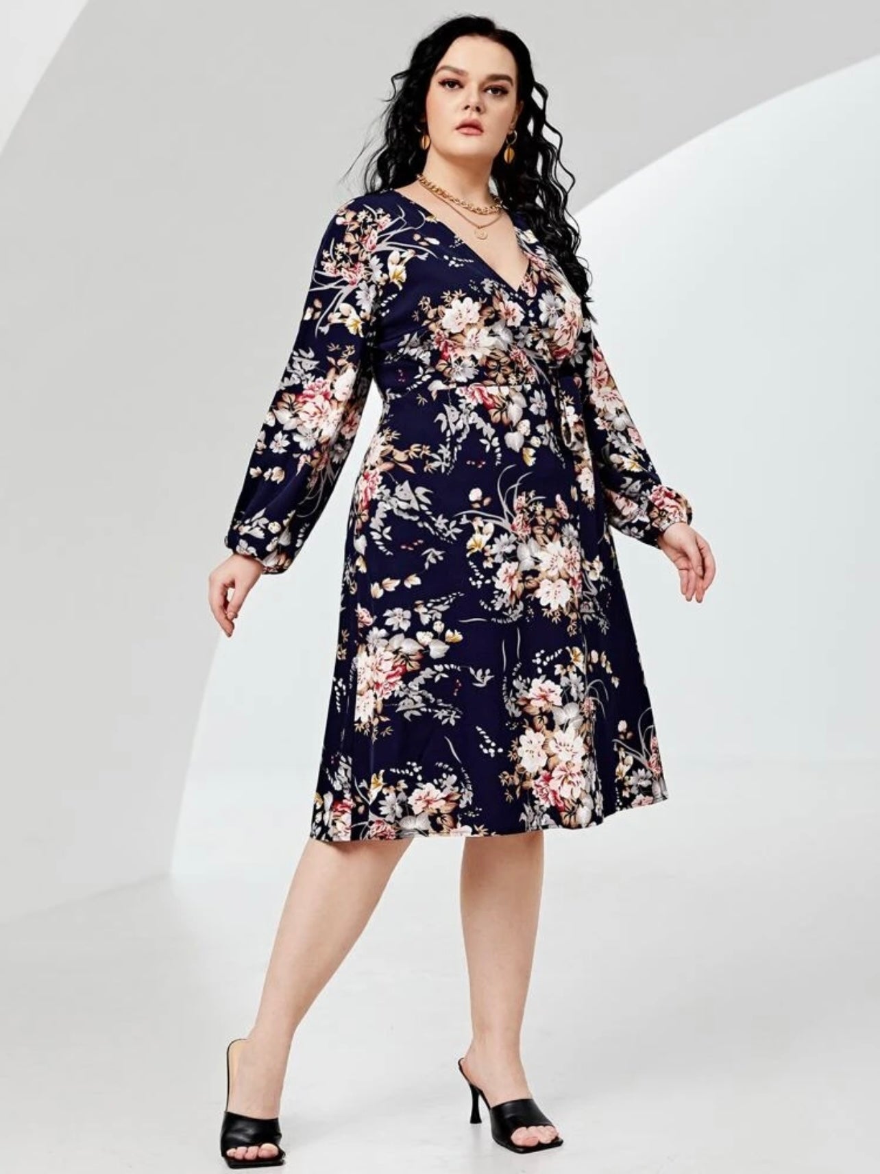 Floral Long Sleeve Surplice V-neck Self Belt Plus Size Dress