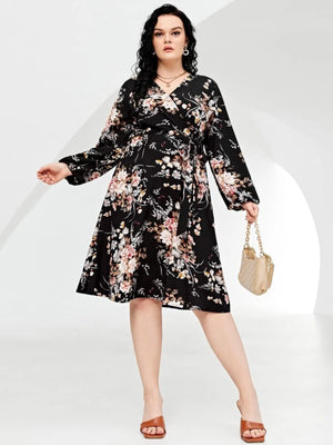 Floral Long Sleeve Surplice V-neck Self Belt Plus Size Dress