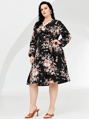 Floral Long Sleeve Surplice V-neck Self Belt Plus Size Dress