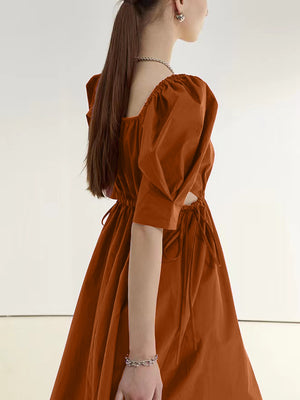 Square Neck Puff Sleeve Drawstring Solid Dress