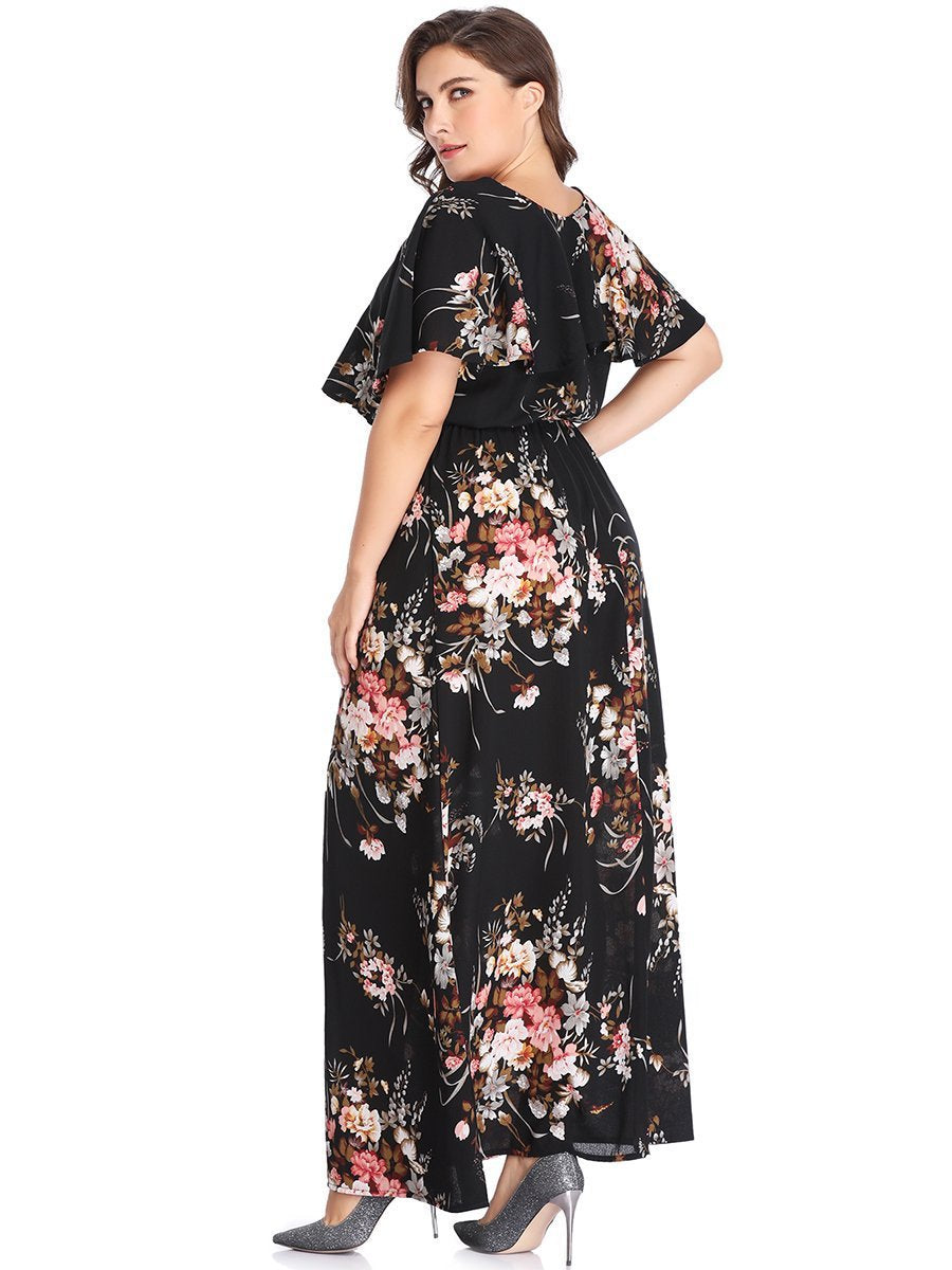 Cape Shoulder Garter Waist Plus Size Floral Dress