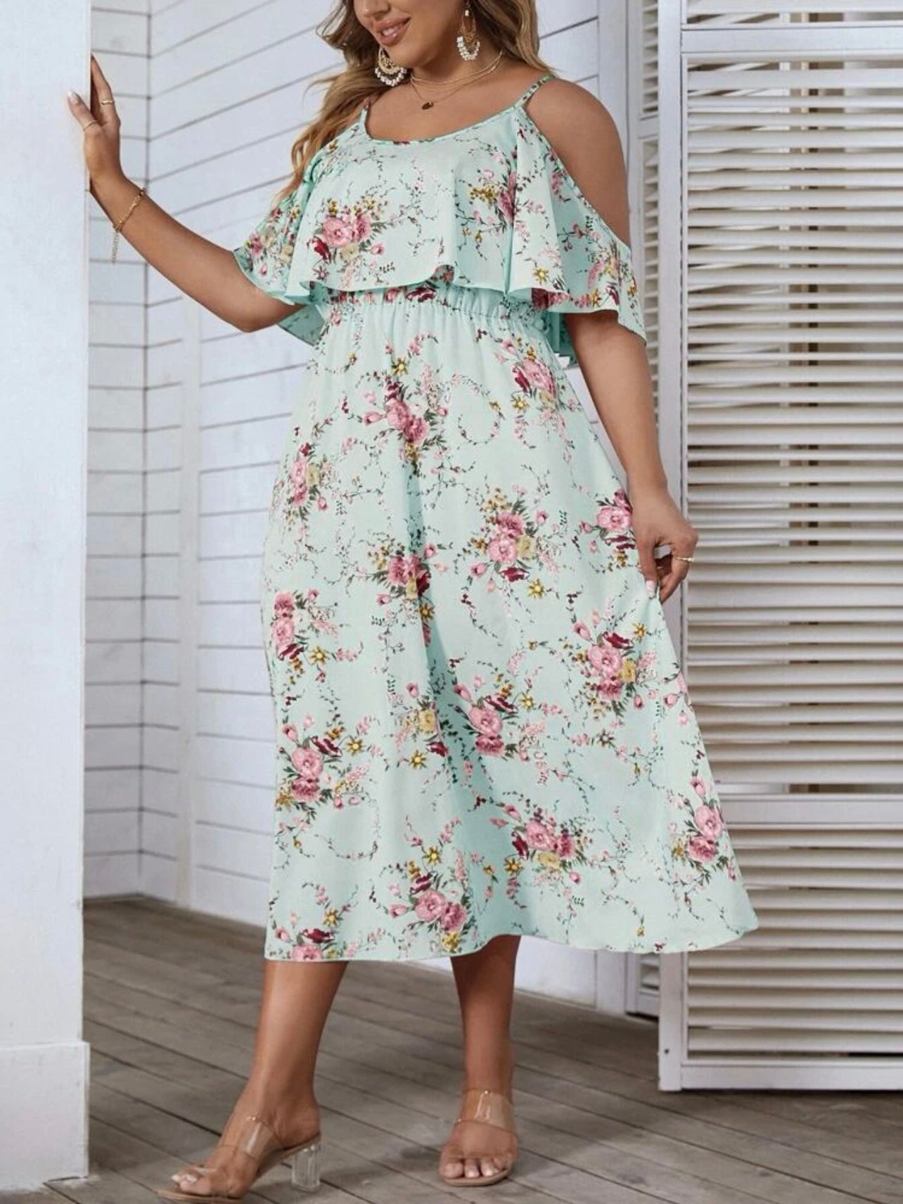 2-layer Cold Shoulder Garter Waist Blossom Floral Plus Size Cami Dress