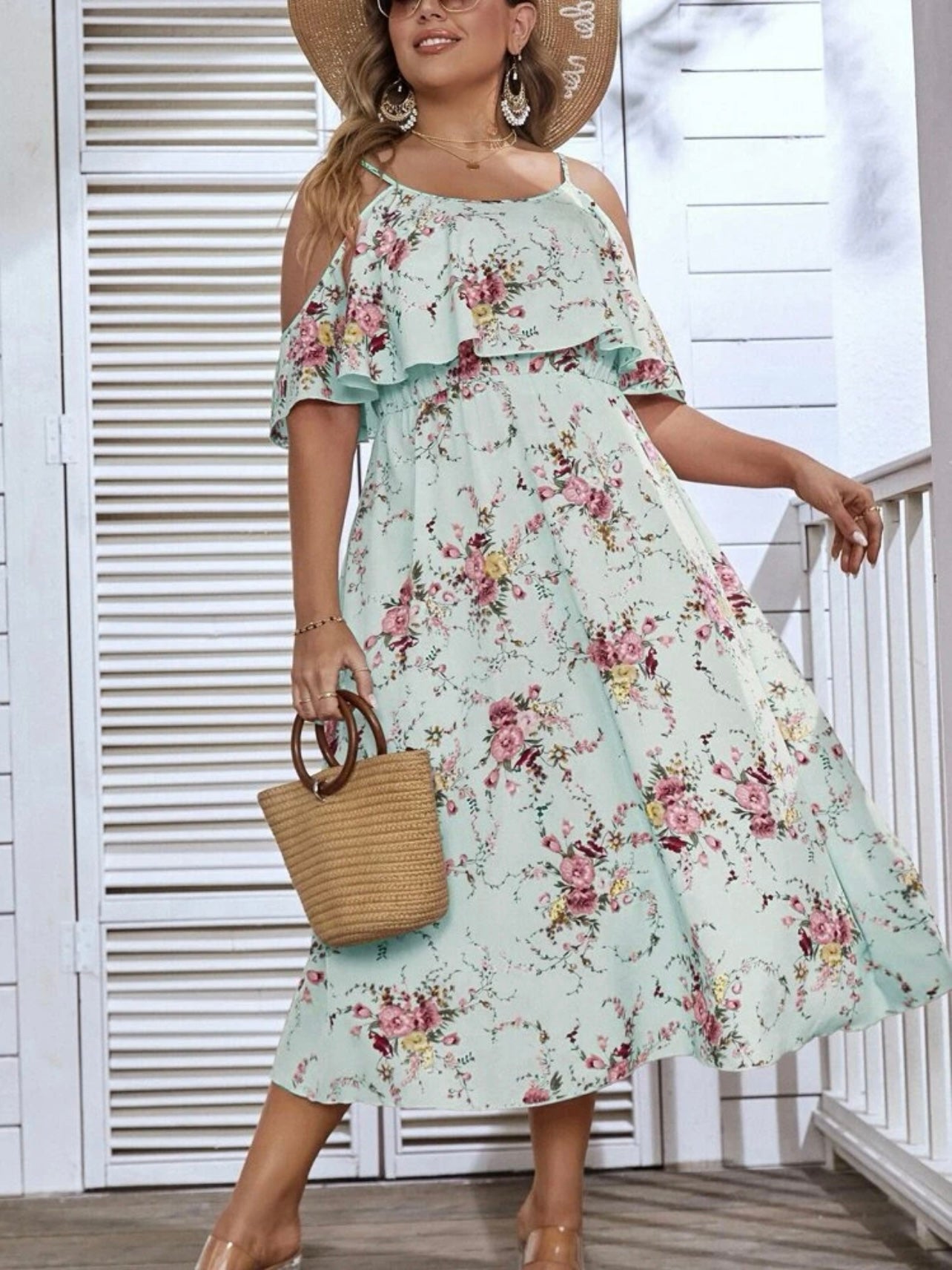 2-layer Cold Shoulder Garter Waist Blossom Floral Plus Size Cami Dress