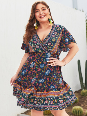 Belted Floral Batwing Sleeve Plus Size Dress