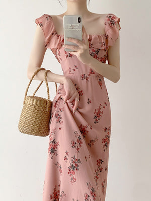 Back Shirred Ruffle Neck Blossom Floral Dress