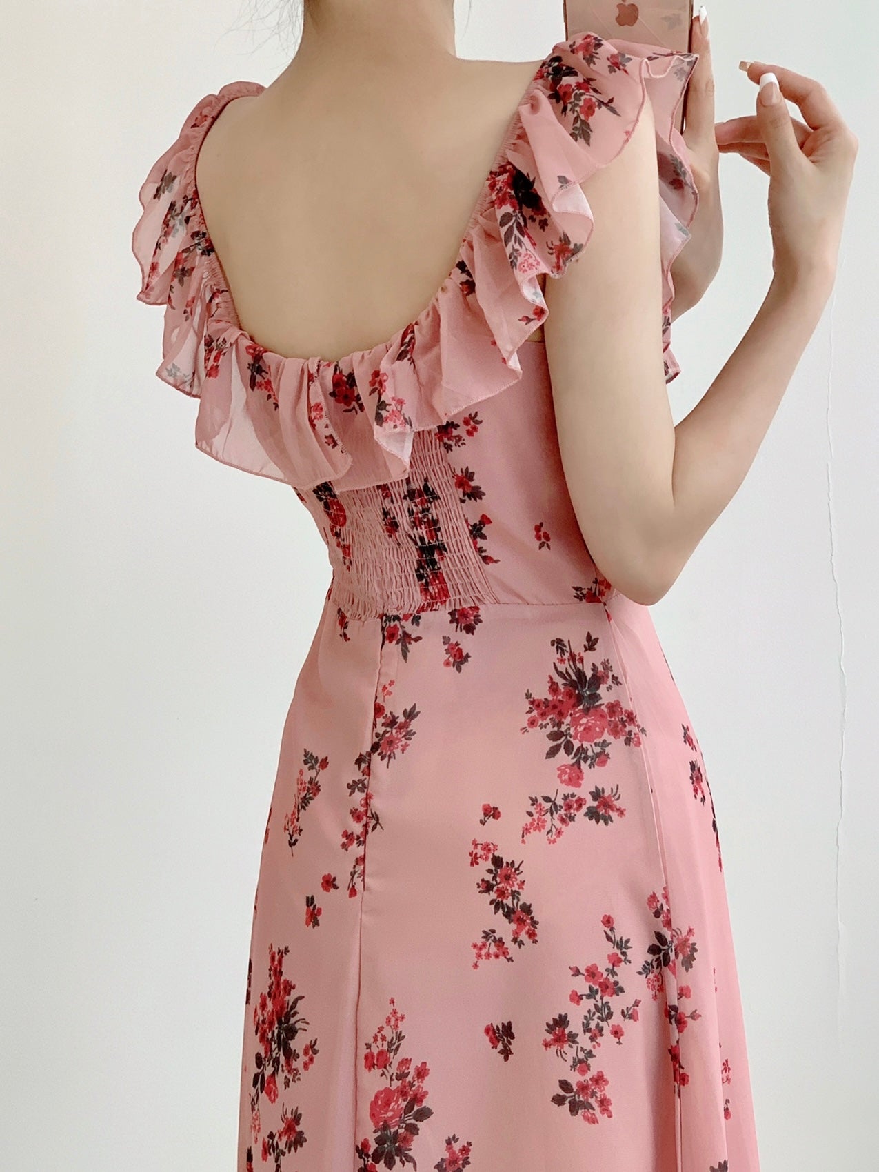 Back Shirred Ruffle Neck Blossom Floral Dress