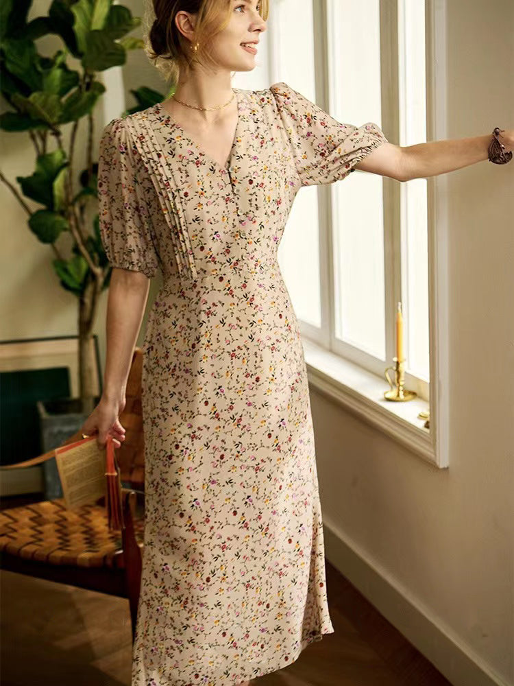 Elastic Sleeve Button Front Self String Vintage Floral Dress