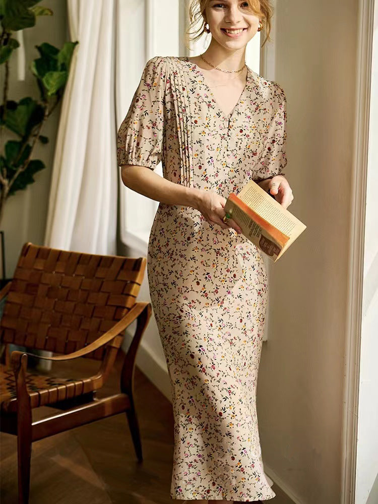 Elastic Sleeve Button Front Self String Vintage Floral Dress