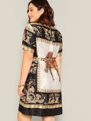 Scarf & Animal Print Belted Plus Size Dress