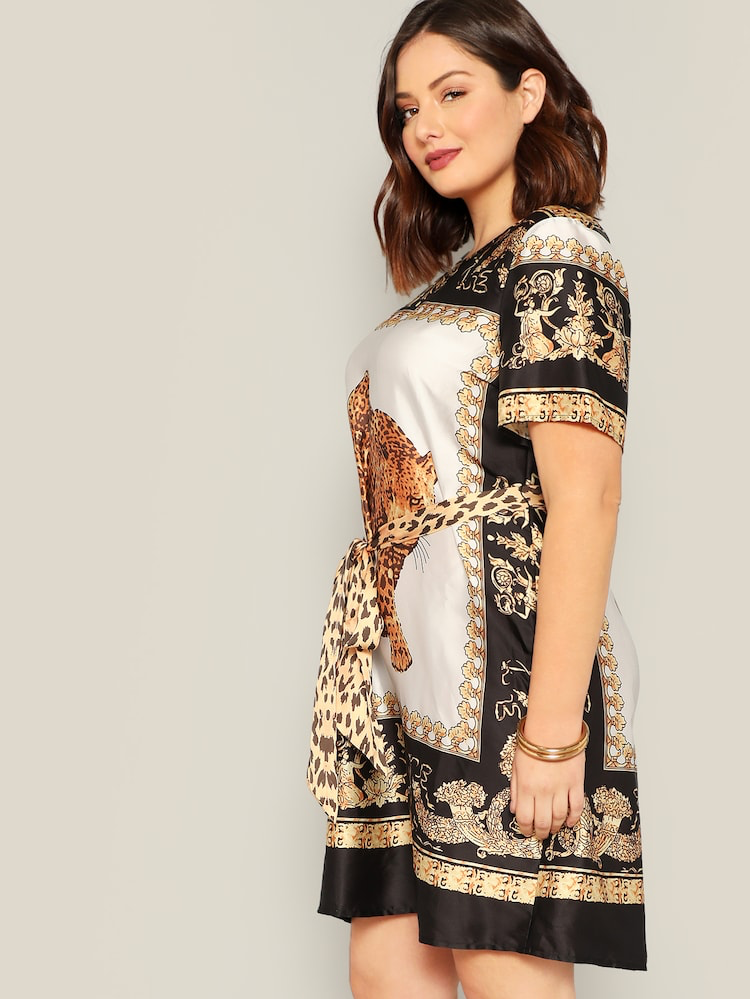 Scarf & Animal Print Belted Plus Size Dress