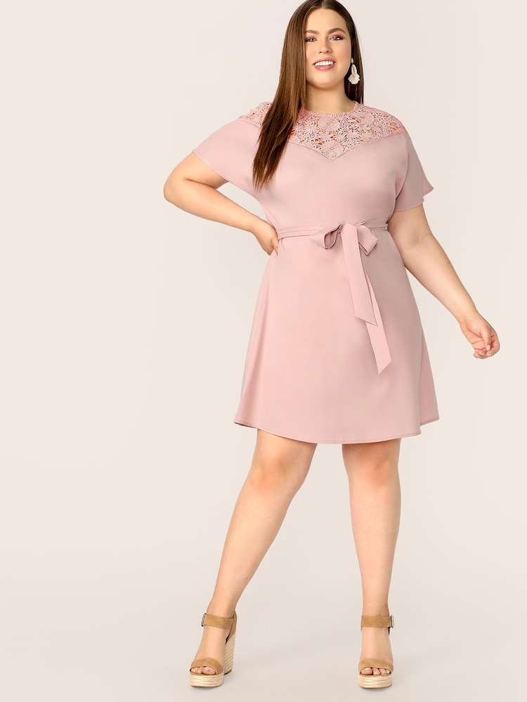 Embroidered Lace Combo Plain Plus Size Dress