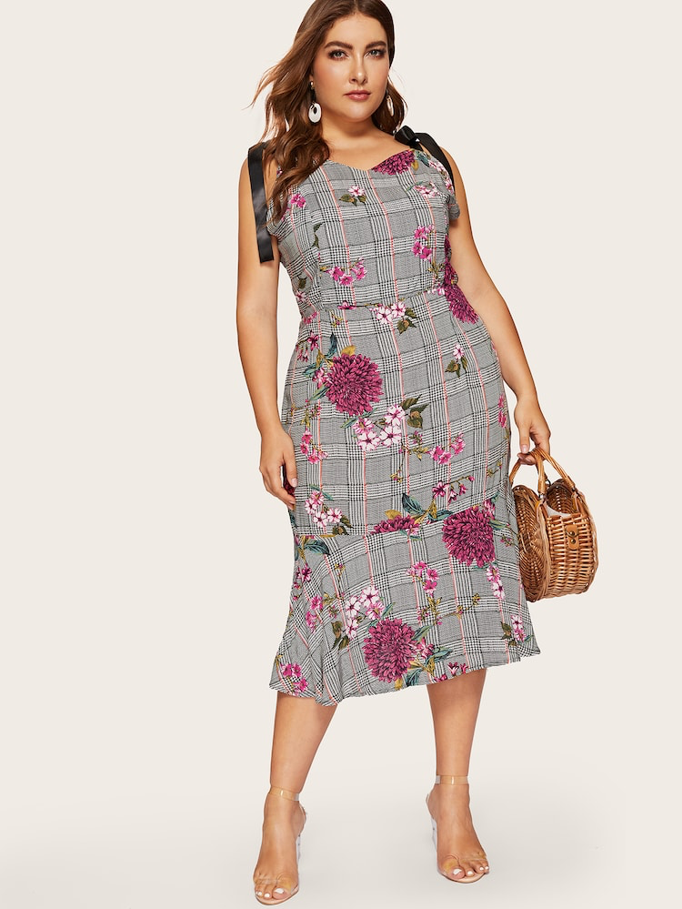 Chequer Floral Plus Size Dress