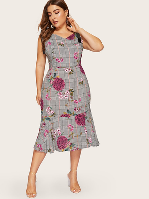 Chequer Floral Plus Size Dress