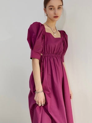 Square Neck Puff Sleeve Drawstring Solid Dress