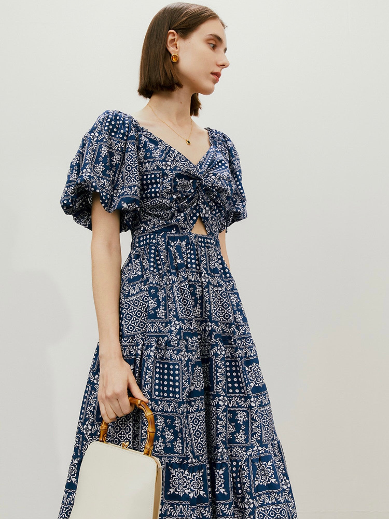 Twisted Bowknot Shirred Back Puff Sleeve Vintage Dress – Melody Ong Fashion