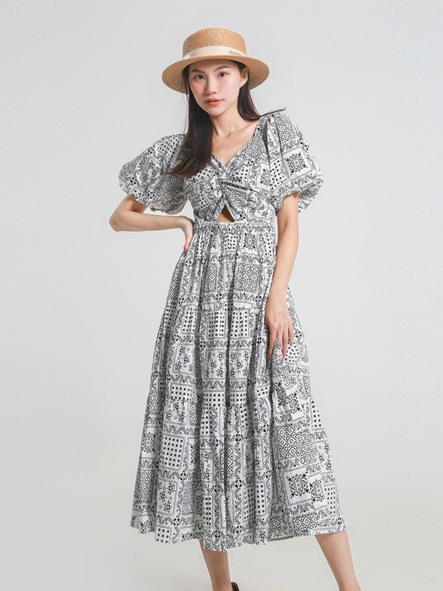 Twisted Bowknot Shirred Back Puff Sleeve Vintage Dress