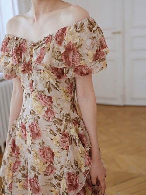 Premium Collection 2-layer Chiffon Floral Frill Ruffle Off Shoulder Dress