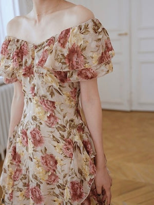 Premium Collection 2-layer Chiffon Floral Frill Ruffle Off Shoulder Dress