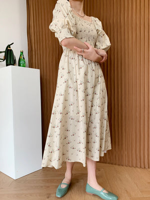 Shirred Puff Sleeve Square Neck Tiny Floral Dress