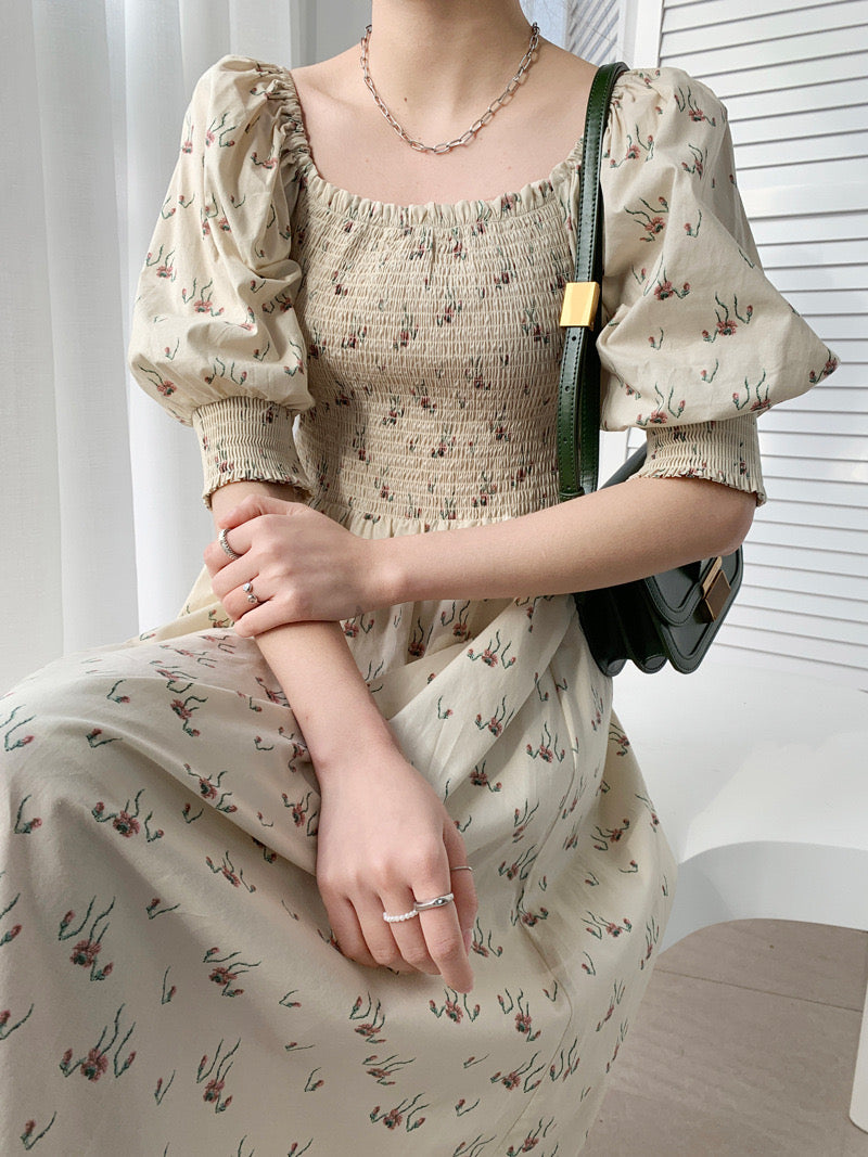 Shirred Puff Sleeve Square Neck Tiny Floral Dress