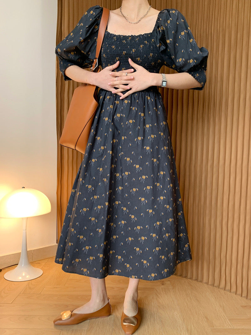 Shirred Puff Sleeve Square Neck Tiny Floral Dress